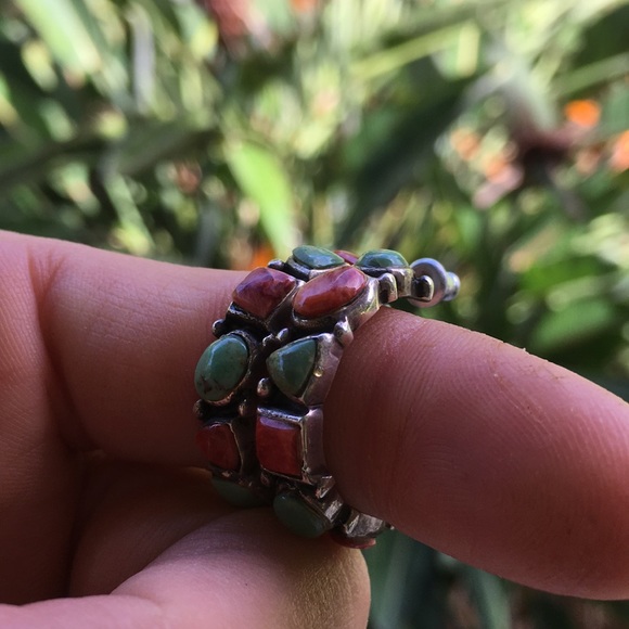 Native American turquoise, red coral, silver hoops - Picture 2 of 7